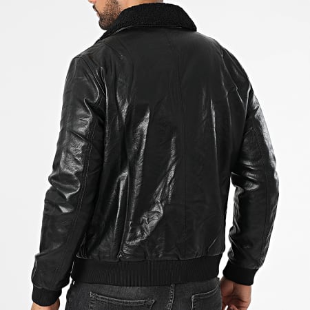 Classic Series - Chaqueta con cuello de piel de oveja imitación cuero negro