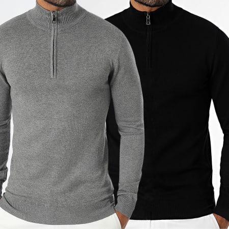 LBO - Lot De 2 Pulls Col Zippé 1291 1293 Noir Gris Clair