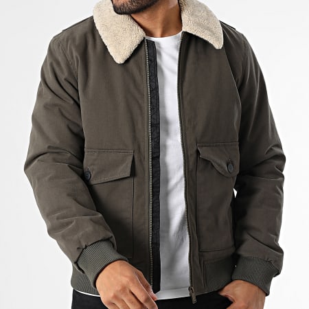 Teddy Smith - Chaqueta con cremallera y cuello de piel de oveja Alexis Verde caqui oscuro