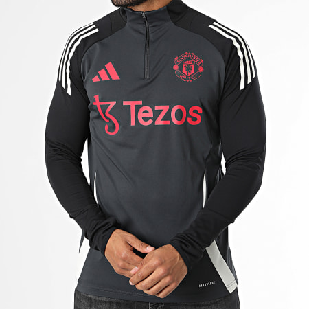 Adidas Performance - Manchester United IS8082 Gris Carbón Negro Rayas Sudadera Cuello Cremallera