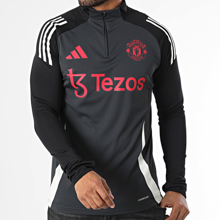 Adidas Performance - Manchester United IS8082 Gris Carbón Negro Rayas Sudadera Cuello Cremallera