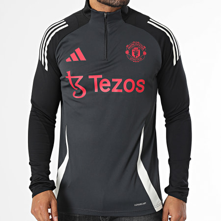 Adidas Performance - Manchester United IS8082 Gris Carbón Negro Rayas Sudadera Cuello Cremallera