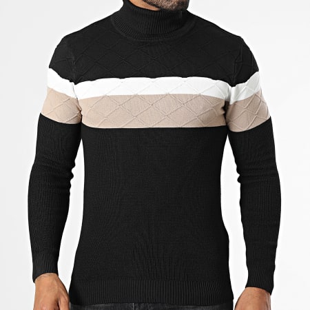 John H - Pull Col Roulé Noir Blanc Beige