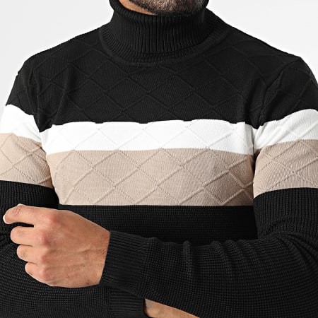 John H - Pull Col Roulé Noir Blanc Beige