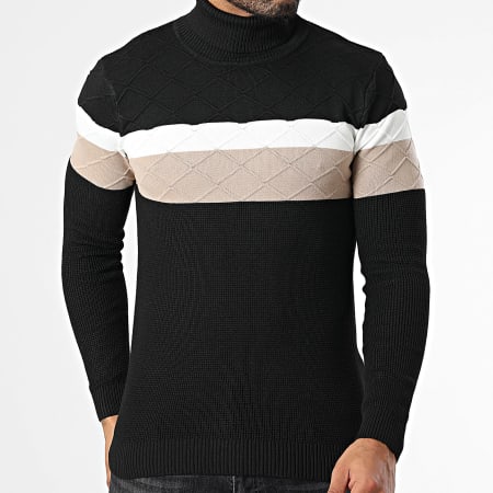 John H - Pull Col Roulé Noir Blanc Beige