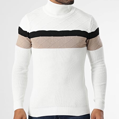 John H - Pull Col Roulé Blanc Noir Beige