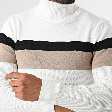 John H - Pull Col Roulé Blanc Noir Beige