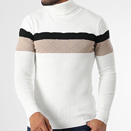 John H - Pull Col Roulé Blanc Noir Beige