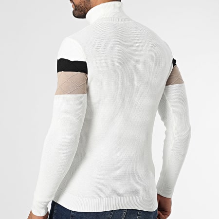 John H - Pull Col Roulé Blanc Noir Beige