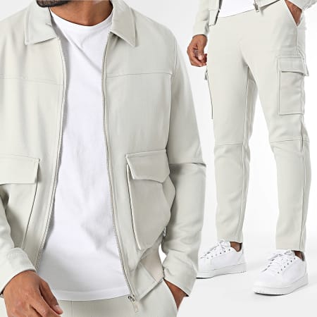 Frilivin - Conjunto de chaqueta con cremallera y pantalón cargo beige