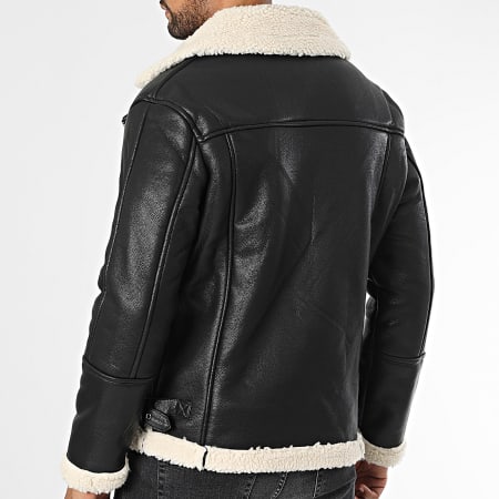 Frilivin - Cazadora de piel sintética con cremallera y cuello de piel, negra