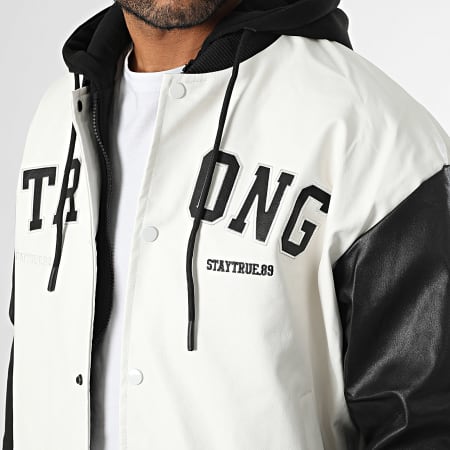 KZR - Veste Simili Cuir Capuche Blanc Noir