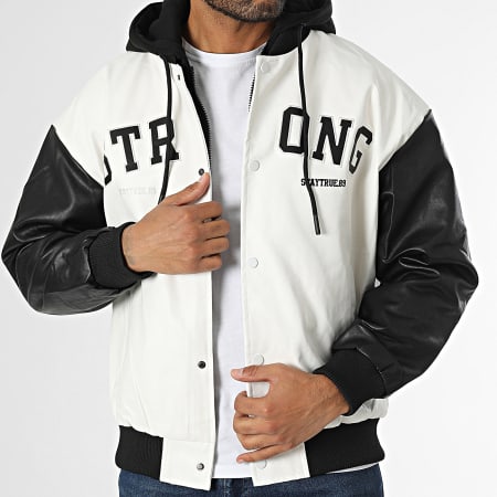 KZR - Veste Simili Cuir Capuche Blanc Noir