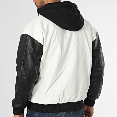 KZR - Veste Simili Cuir Capuche Blanc Noir