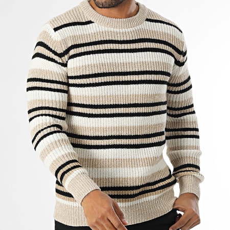 KZR - Pull A Rayures Beige Blanc Noir