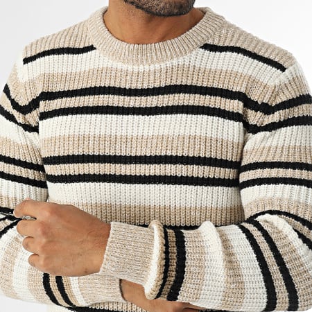 KZR - Pull A Rayures Beige Blanc Noir