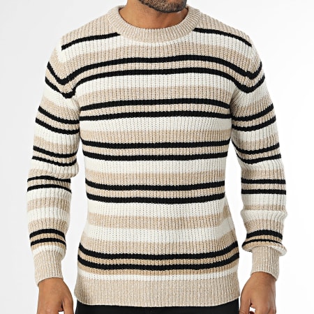 KZR - Pull A Rayures Beige Blanc Noir