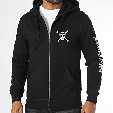 One Piece - Sweat Zippé Capuche Mugiwara Sleeve Noir Blanc