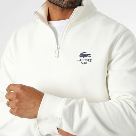 Lacoste - Sweat Col Montant Zippé Classic Fit Logo Crocodile Beige Clair