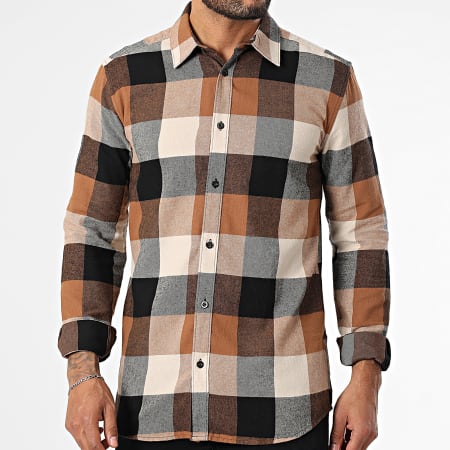 Only And Sons - Gudmund Negro Camel Beige Camisa de manga larga a cuadros