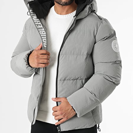 DoubleHood - Cazadora Hummer gris con capucha y ribetes de cuadros