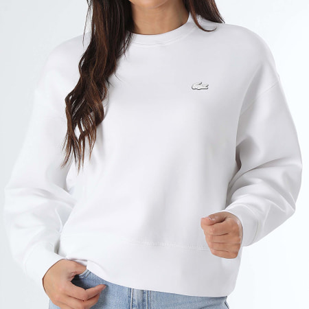 Lacoste - Sweat Crewneck Femme Logo Brodé Crocodile Blanc