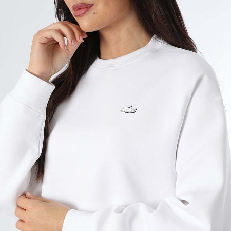 Lacoste - Sweat Crewneck Femme Logo Brodé Crocodile Blanc