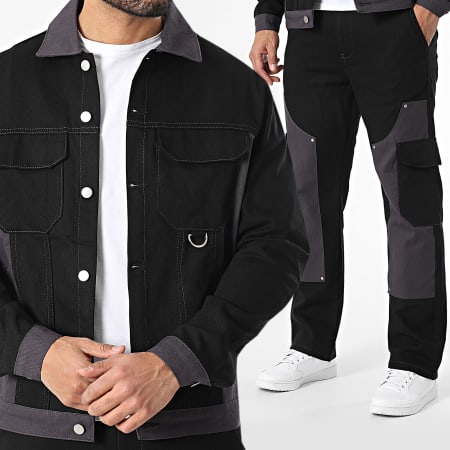 KZR - Ensemble Veste Jean Et Pantalon Cargo Jean Noir Gris Anthracite