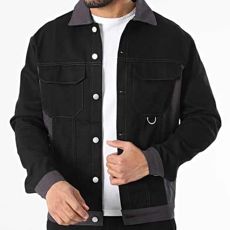 KZR - Ensemble Veste Jean Et Pantalon Cargo Jean Noir Gris Anthracite