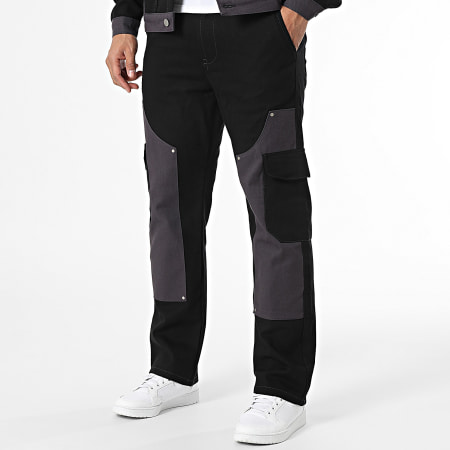 KZR - Ensemble Veste Jean Et Pantalon Cargo Jean Noir Gris Anthracite