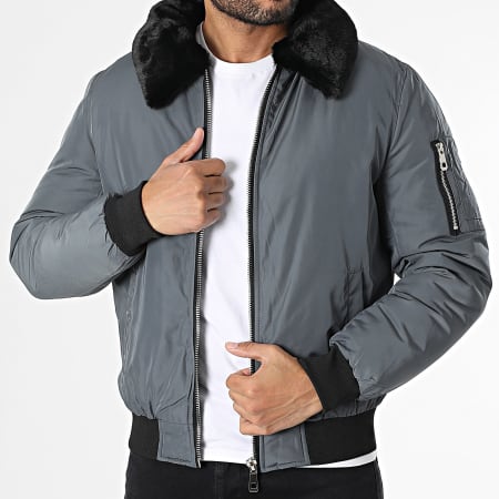 Kymaxx - Chaqueta bomber con cuello de piel gris antracita