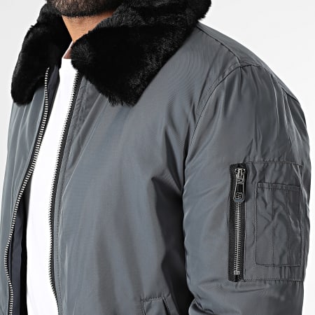 Kymaxx - Chaqueta bomber con cuello de piel gris antracita