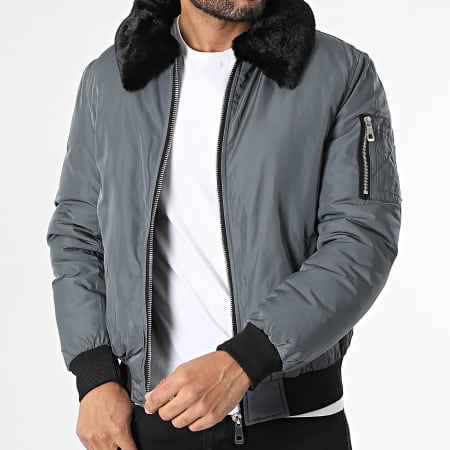 Kymaxx - Chaqueta bomber con cuello de piel gris antracita