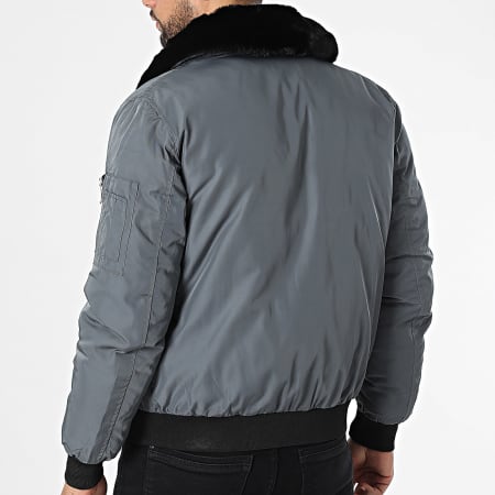 Kymaxx - Chaqueta bomber con cuello de piel gris antracita