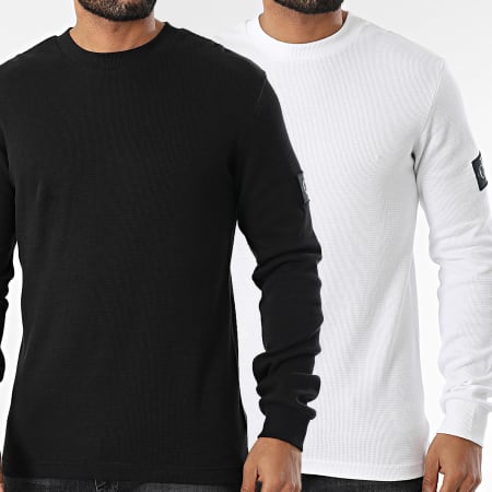 Calvin Klein - Lot De 2 Sweats Crewneck Monogram Badge Waffle 5064 3485 Noir Blanc