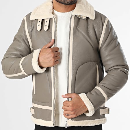 Frilivin - Chaqueta de piel sintética con cremallera beige claro topo