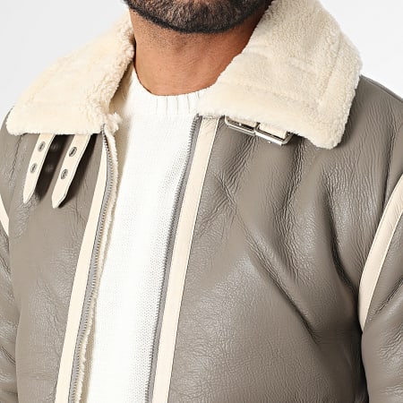 Frilivin - Chaqueta de piel sintética con cremallera beige claro topo