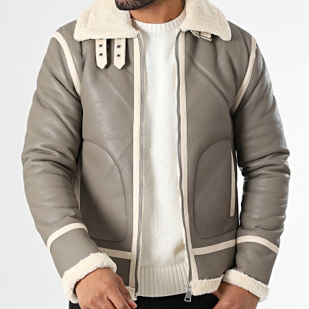 Frilivin - Chaqueta de piel sintética con cremallera beige claro topo