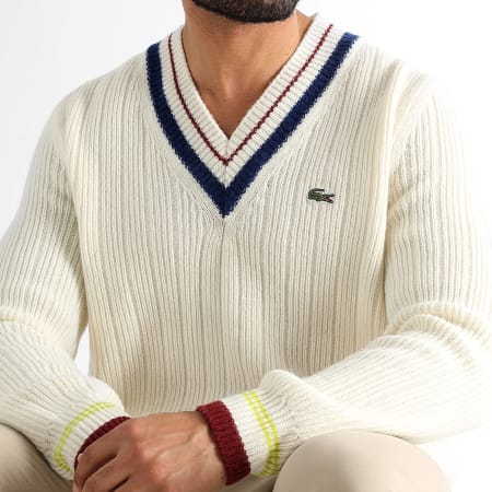 Lacoste V-neck Sweater Embroidered Crocodile Logo Beige Ryses