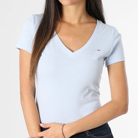 Tommy Jeans - Tee Shirt Col V Femme Slim 0458 Bleu Clair