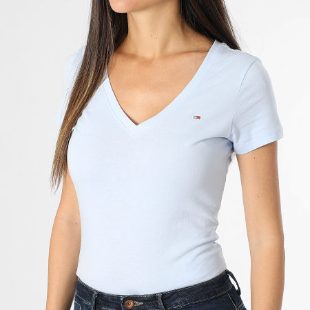 Tommy Jeans - Tee Shirt Col V Femme Slim 0458 Bleu Clair