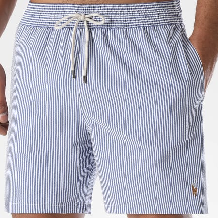 Polo Ralph Lauren - Short De Bain A Rayures Oxford Blanc Bleu Roi