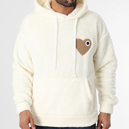 ADJ - Sweat Capuche Polaire Coeur Chic Blanc Camel