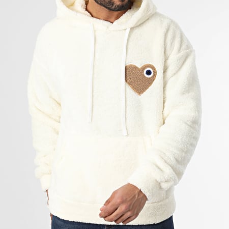 ADJ - Sweat Capuche Polaire Coeur Chic Blanc Camel