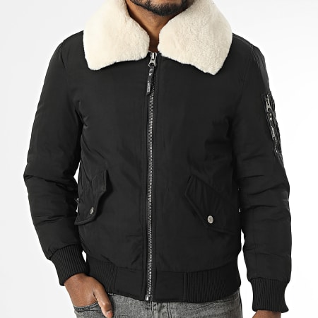 Kymaxx - Chaqueta bomber negra con cuello de piel