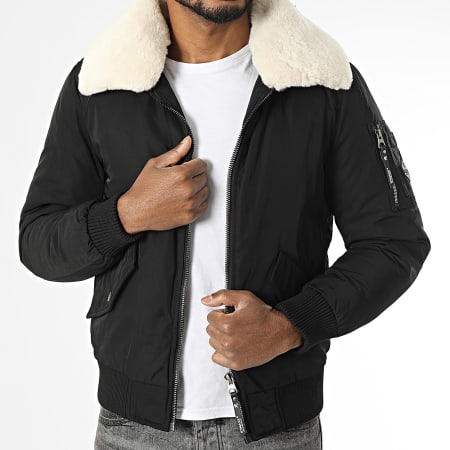 Kymaxx - Chaqueta bomber negra con cuello de piel