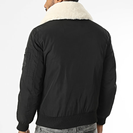 Kymaxx - Chaqueta bomber negra con cuello de piel