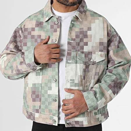2Y Premium - Veste Jean A Carreaux Vert Beige Violet