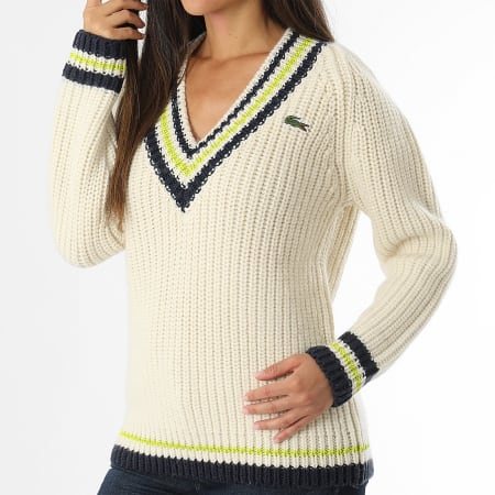 Pull Col V Femme Logo Brode Crocodile Beige