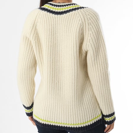Pull Col V Femme Logo Brode Crocodile Beige